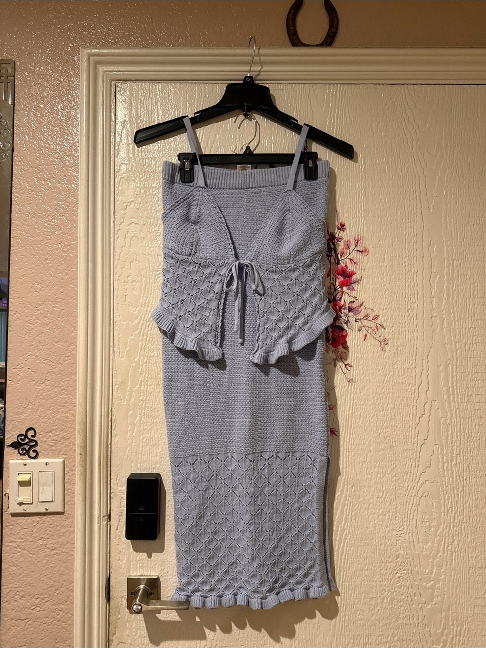 Olive & Oak Light Blue Knit Midi Skirt Set with Ruffle Trim